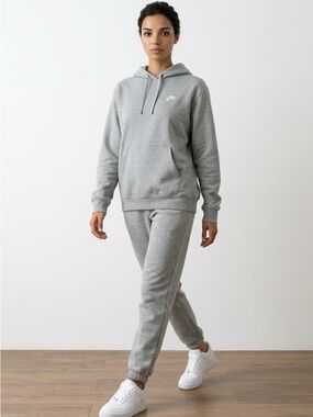 Nike Heather Grey Fleece Hoodie Small Swoosh Logo Pullover Size L